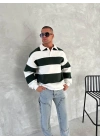 Unisex Üç İplik Parçalı Yakalı SweatShirt - Yeşil