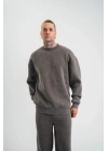 Unisex Uzun Kol Bisiklet Yaka Yıkamalı SweatShirt - Füme