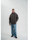 Unisex Uzun Kol Kapşonlu Yıkamalı Nakışlı SweatShirt - Füme