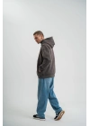 Unisex Uzun Kol Kapşonlu Yıkamalı Nakışlı SweatShirt - Füme