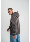 Unisex Uzun Kol Kapşonlu Yıkamalı Nakışlı SweatShirt - Füme
