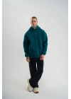 Unisex Uzun Kol Kapşonlu Yıkamalı Nakışlı SweatShirt - Koyu Deniz Yeşili