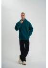 Unisex Uzun Kol Kapşonlu Yıkamalı Nakışlı SweatShirt - Koyu Deniz Yeşili