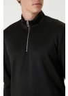 Unisex Uzun Kol Yarım Farmuarlı Yakalı Basic SweatShirt - Siyah