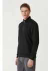 Unisex Uzun Kol Yarım Farmuarlı Yakalı Basic SweatShirt - Siyah