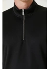 Unisex Uzun Kol Yarım Farmuarlı Yakalı Basic SweatShirt - Siyah