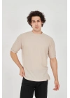 Unisex Waffle Kumaş Rahat Kol T-Shirt - Bej