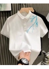 Unisex Yakası Düğmeli Oversize Baskılı T-Shirt - Beyaz