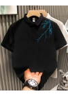 Unisex Yakası Düğmeli Oversize Baskılı T-Shirt - Siyah