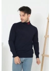 Unisex Yarım Boğazlı Baskılı Dokuma Triko - Lacivert