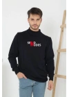 Unisex Yarım Boğazlı Baskılı Dokuma Triko - Siyah
