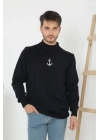Unisex Yarım Boğazlı Baskılı Dokuma Triko - Siyah