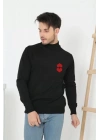 Unisex Yarım Boğazlı Baskılı Dokuma Triko - Siyah