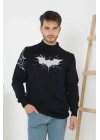 Unisex Yarım Boğazlı Baskılı Dokuma Triko - Siyah