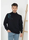 Unisex Yarım Boğazlı Baskılı Dokuma Triko - Siyah