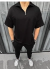 Unisex Yarım Fermuarlı Basic T-Shirt - Siyah