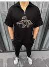 Unisex Yarım Fermuarlı Baskılı Oversize T-Shirt - Siyah
