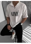 Unisex Yarım Fermuarlı Baskılı T-Shirt - Beyaz