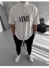 Unisex Yarım Fermuarlı Baskılı T-Shirt - Beyaz