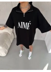 Unisex Yarım Fermuarlı Baskılı T-Shirt - Siyah