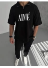 Unisex Yarım Fermuarlı Baskılı T-Shirt - Siyah