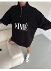 Unisex Yarım Fermuarlı Baskılı T-Shirt - Siyah