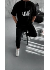 Unisex Yarım Fermuarlı Baskılı T-Shirt - Siyah