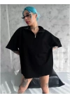 Unisex Yarım Fermuarlı Düz Oversize T-Shirt - Siyah