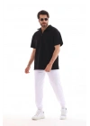 Unisex Yarım Fermuarlı Düz Oversize T-shirt - Siyah