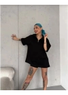 Unisex Yarım Fermuarlı Düz Oversize T-Shirt - Siyah