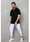 Unisex Yarım Fermuarlı Düz Oversize T-shirt - Siyah
