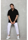 Unisex Yarım Fermuarlı Düz Oversize T-shirt - Siyah