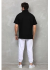 Unisex Yarım Fermuarlı Düz Oversize T-shirt - Siyah