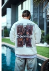 Uzun Kol Bisiklet Yaka Ön ve Arka Baskılı SweatShirt - Beyaz