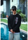 Uzun Kol Bisiklet Yaka Ön ve Arka Baskılı SweatShirt - Siyah