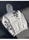Uzun Kol Kapüşonlu Baskılı SweatShirt - Beyaz