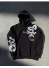 Uzun Kol Kapüşonlu Baskılı SweatShirt - Siyah