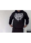 Uzun Kol Kapüşonlu Baskılı SweatShirt - Siyah