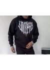 Uzun Kol Kapüşonlu Baskılı SweatShirt - Siyah