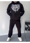 Uzun Kol Kapüşonlu Baskılı SweatShirt - Siyah