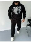 Uzun Kol Kapüşonlu Baskılı SweatShirt - Siyah