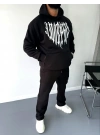 Uzun Kol Kapüşonlu Baskılı SweatShirt - Siyah