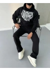 Uzun Kol Kapüşonlu Baskılı SweatShirt - Siyah