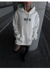 Uzun Kol Kapüşonlu Göğüs Baskılı SweatShirt - Beyaz