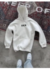 Uzun Kol Kapüşonlu Göğüs Baskılı SweatShirt - Beyaz