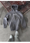 Uzun Kol Kapüşonlu Göğüs Baskılı SweatShirt - Gri