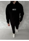 Uzun Kol Kapüşonlu Göğüs Baskılı SweatShirt - Siyah