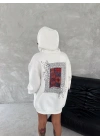 Uzun Kol Kapüşonlu Ön Ve Arka Baskılı SweatShirt - Beyaz