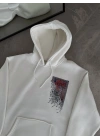 Uzun Kol Kapüşonlu Ön Ve Arka Baskılı SweatShirt - Beyaz