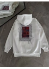 Uzun Kol Kapüşonlu Ön Ve Arka Baskılı SweatShirt - Beyaz